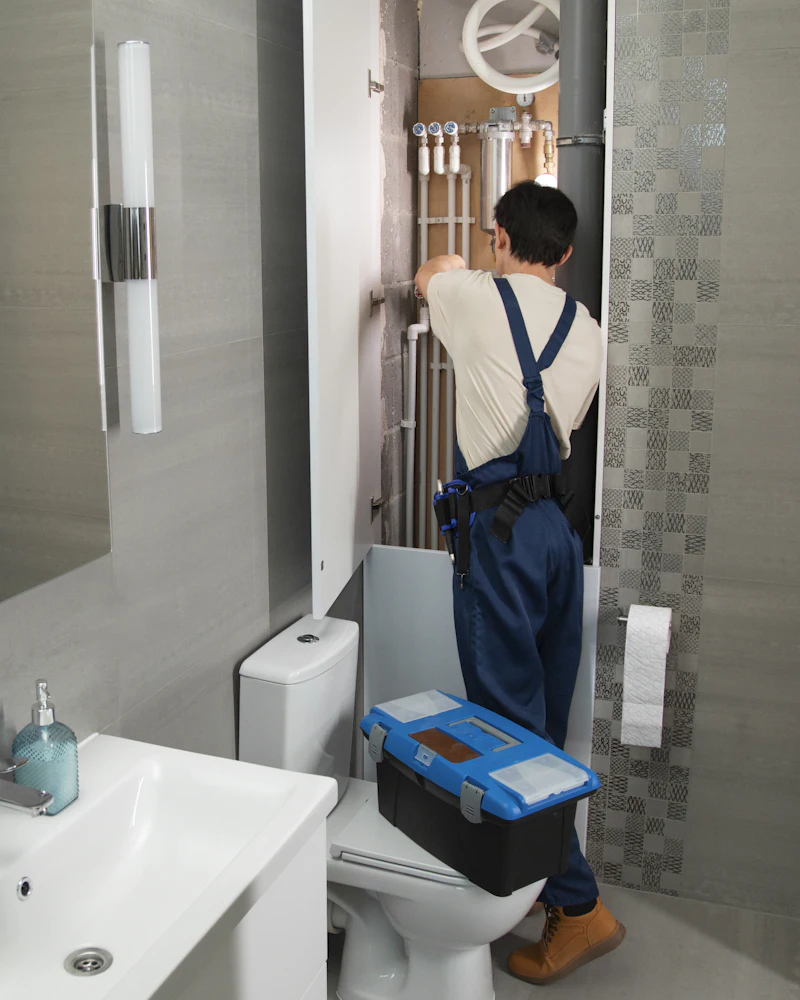 Plomero trabajando en las cañerías de un baño con su caja de herramientas